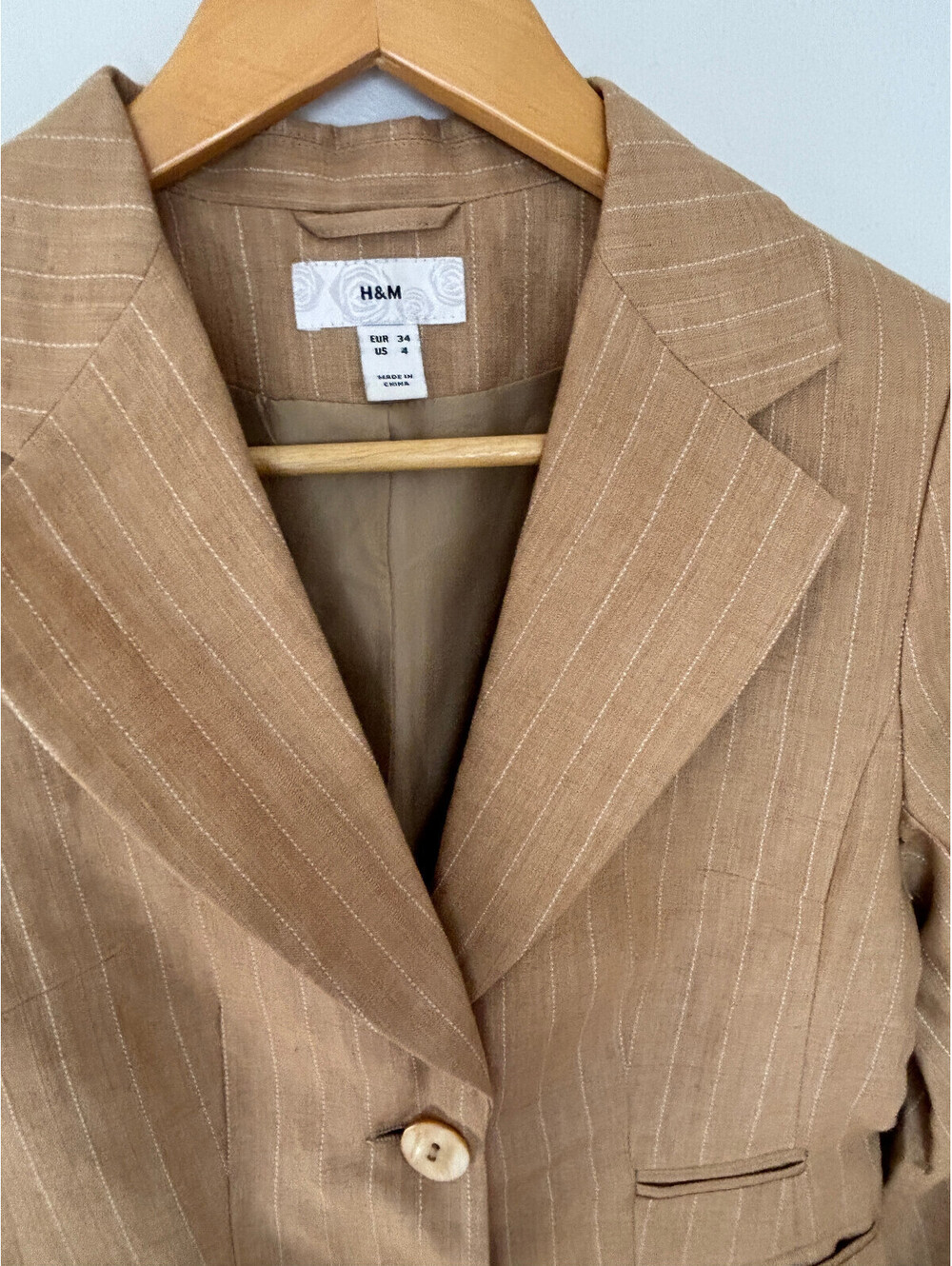 H&M Linen Blend Blazer Suit Jacket Striped Dark Cream Business Womens Size 4 - Picture 3 of 7